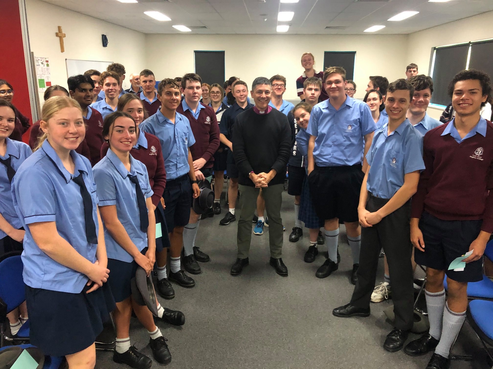Bishop Jeremy Greaves with senior Fraser Coast Anglican College students after a Q&A
