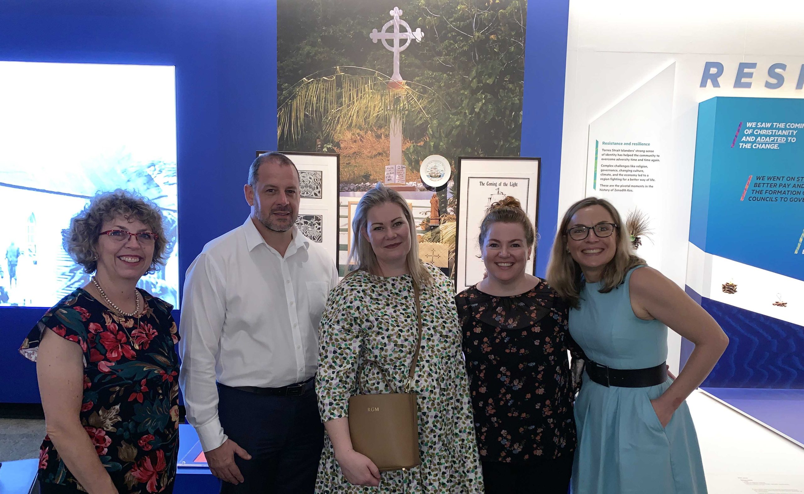 Stephen Harrison, Belinda Macarthur, Joanne Rose, Rebecca McLean and Michelle McDonald from the Parishes and Other Mission Agencies Commission (PMC) visited the Island Futures exhibition at the Queensland Museum on 25 November 2021