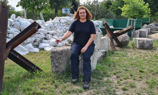 Helen Zahos at an anti-tank barrier