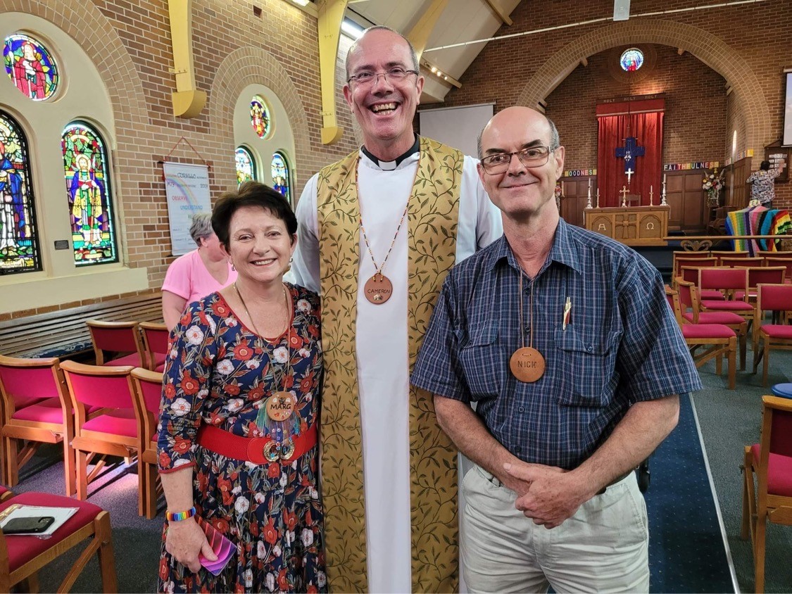 Bishop Cam Venables, Margaret Carr (Diocesan Lay Director for Cursillo) and Nick Crisp (who led the Men's Weekend this year at Mt Tamborine)