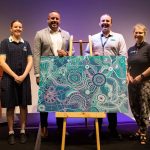 Captain of the Reconciliation Action Plan Group, Breanna Burnett; Mr David Williams, Executive Director of Gilimbaa and Old Flinderian; Flinders Secondary Teacher Mr Andrew Street; and, Chaplain The Rev'd Kathrin Koning at Matthew Flinders Anglican College in Term 1 2023