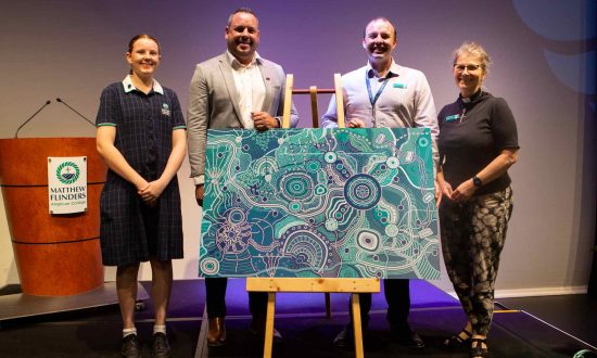 Captain of the Reconciliation Action Plan Group, Breanna Burnett; Mr David Williams, Executive Director of Gilimbaa and Old Flinderian; Flinders Secondary Teacher Mr Andrew Street; and, Chaplain The Rev'd Kathrin Koning at Matthew Flinders Anglican College in Term 1 2023