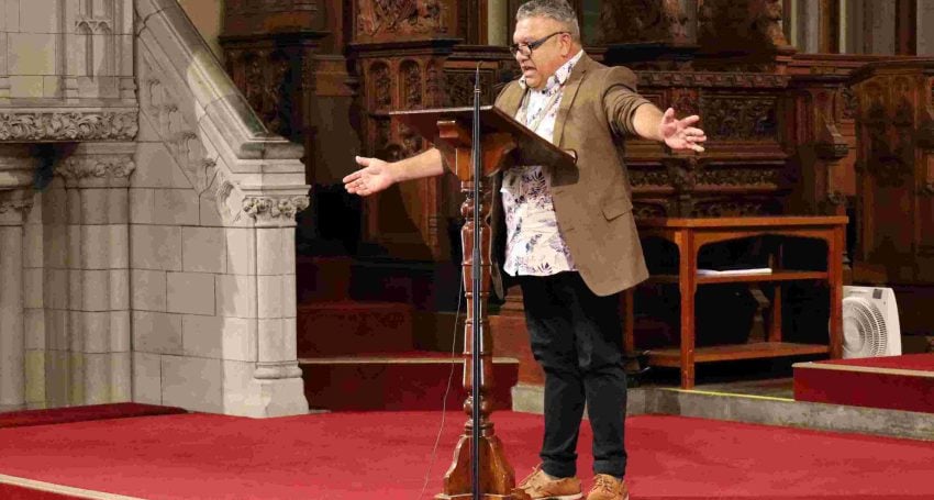 First Nations Engagement and Development Advisor Howie Vandyke speaking at Harmony Day at St John's Cathedral in 2023