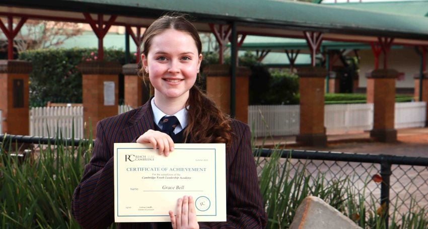 Toowoomba Anglican School student Grace Bell with her Cambridge Youth Leadership Academy certificate