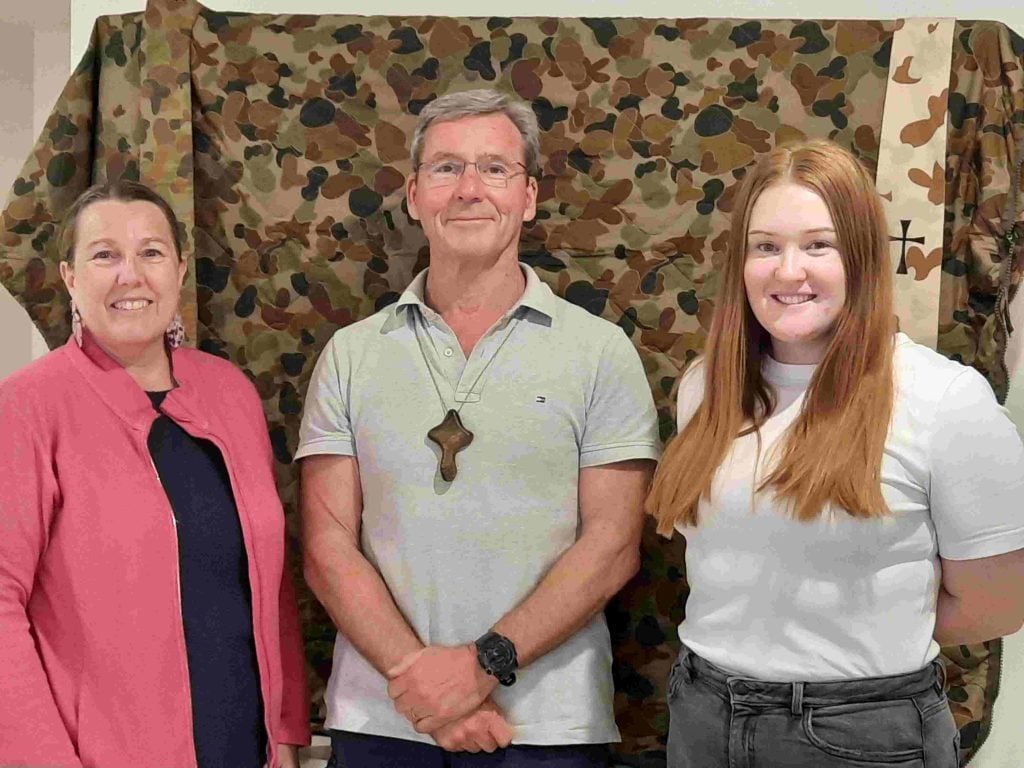 ADF chaplain The Ven. Rob Sutherland CSC, with Mrs Fran Tilden and Pastor Rebecca Hopfner, at a Warrior Welcome Home gathering