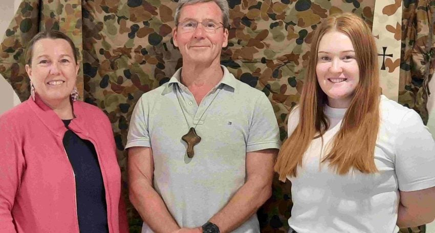 ADF chaplain The Ven. Rob Sutherland CSC, with Mrs Fran Tilden and Pastor Rebecca Hopfner, at a Warrior Welcome Home gathering