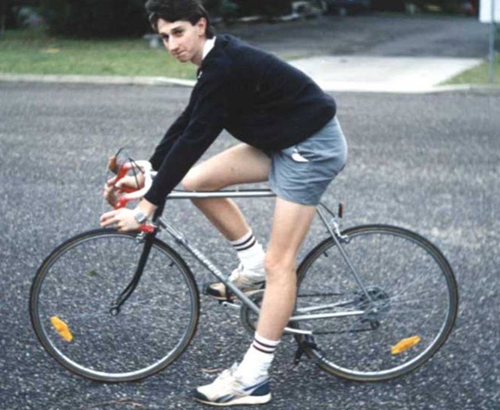 Stewart Perry riding his bike in Laurieton in 1989