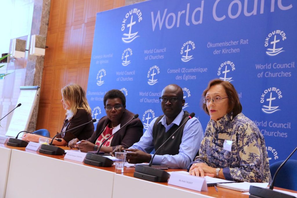 Patti Talbot (first from right) speaking at the Ecumenical Strategic Forum on Diakonia and Sustainable Development, taking place from 3 to 6 October 2017 at the Ecumenical Centre in Geneva, Switzerland. Photo: Ivars Kupcis/WCC