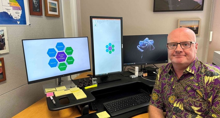 Rob Bates in his office at St Martin's House, Brisbane in September 2023