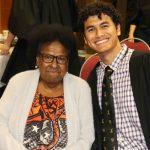 Saibai Elder Aunty Dr Rose Elu and Erub student Aiden Wu at St John's College within the University of Queensland on 18 September 2023