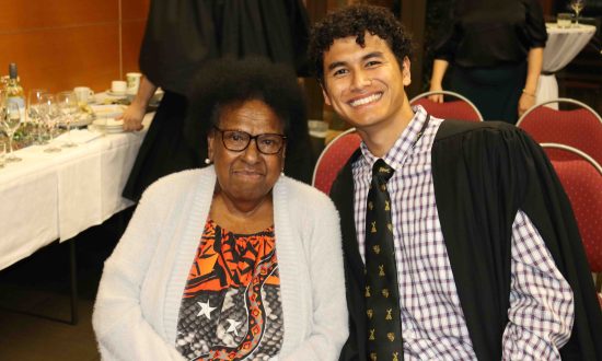 Saibai Elder Aunty Dr Rose Elu and Erub student Aiden Wu at St John's College within the University of Queensland on 18 September 2023