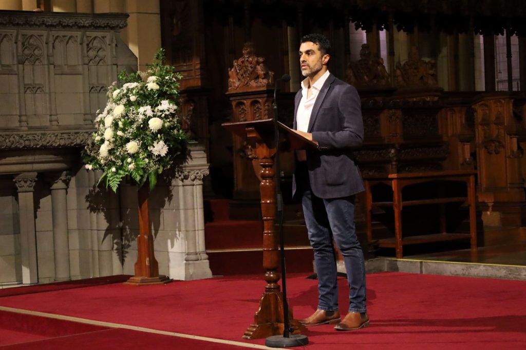 Majid Khan from Queensland Muslims Inc. prayed on behalf of the Muslim community at the 25 October 2023 vigil for Palestine and Israel in St John's Cathedral 