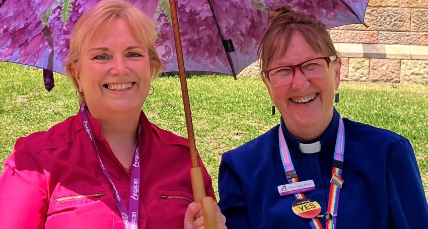 Jenny Clark (ACSQ Domestic and Family Violence Project Officer) and The Ven. Dr Lucy Morris (ACSQ Domestic and Family Violence Working Group Chair) outside St John’s Cathedral in 2023