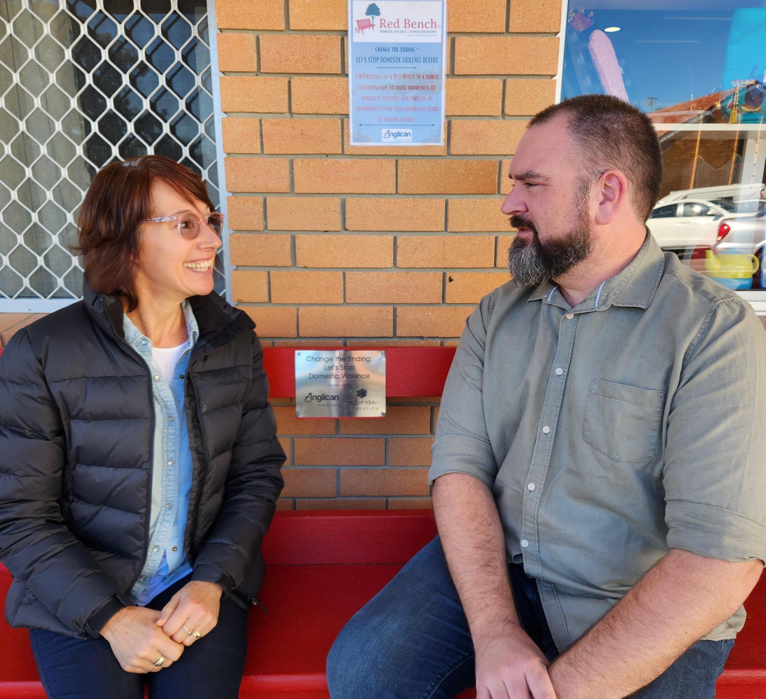 Helen Reeds (BHAC office manager) and Reverend Eron Perry (BHAC Parish Priest). Discussing the importance of the red beach to the community and raising the awareness of domestic violence. Photo taken on the 27th June 2023. Photo taken outside the Burleigh Anglican Thrift Shop and Parish Pantry administrated through the church office.
