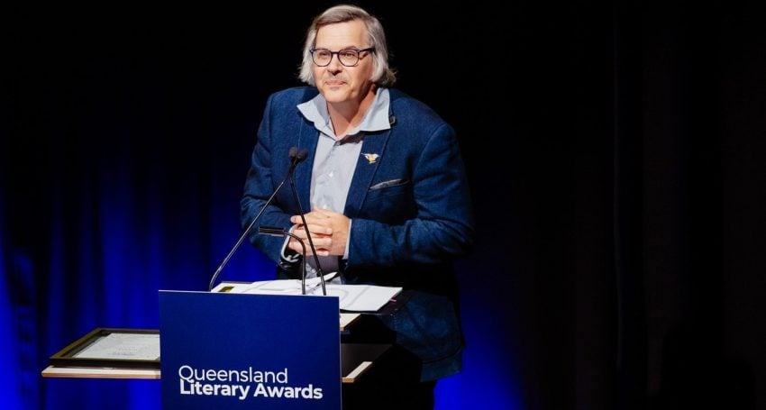 St Aidan’s Anglican Girls’ School English and Literature Teacher Mr Brett Dionysius accepting the prestigious Queensland Writers Fellowship in Brisbane in September 2023