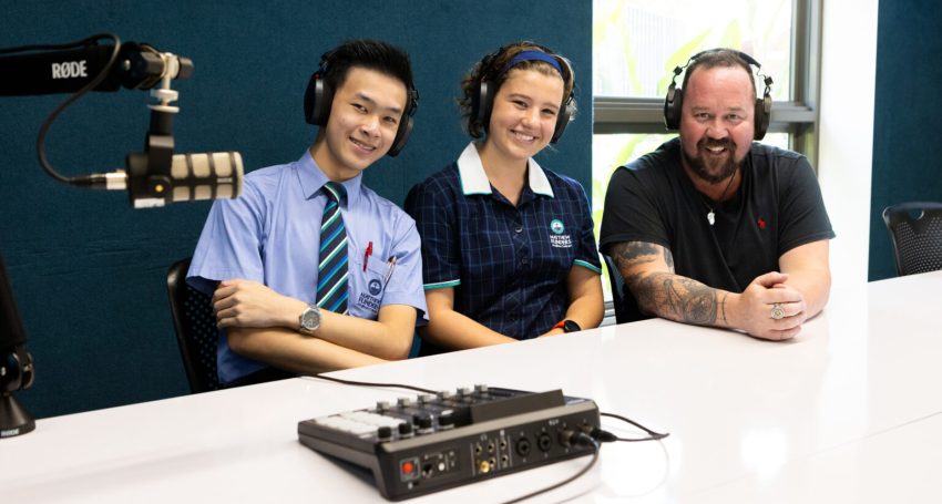 Flinders Year 9 students Tristan and Lucy with radio host and Old Flinderian Sam Coward at the college in October 2023