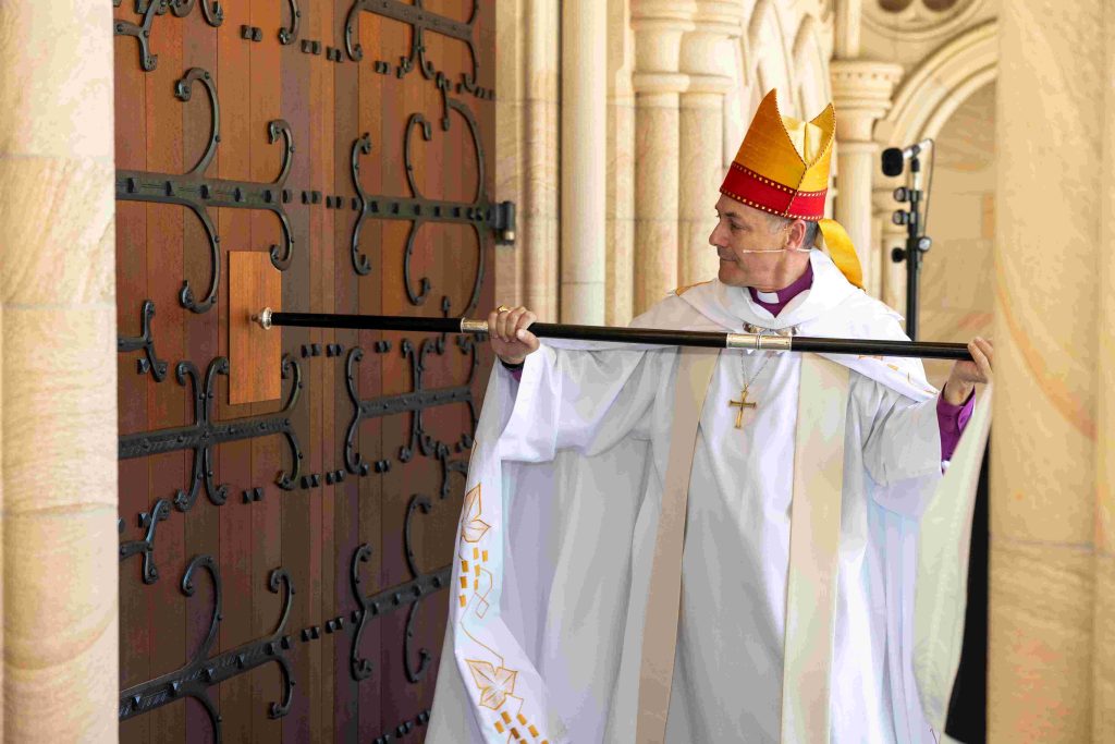 The crozier, that Archbishop-elect Jeremy Greaves used in customary fashion to knock on the closed front doors before entering the Cathedral is a family heirloom