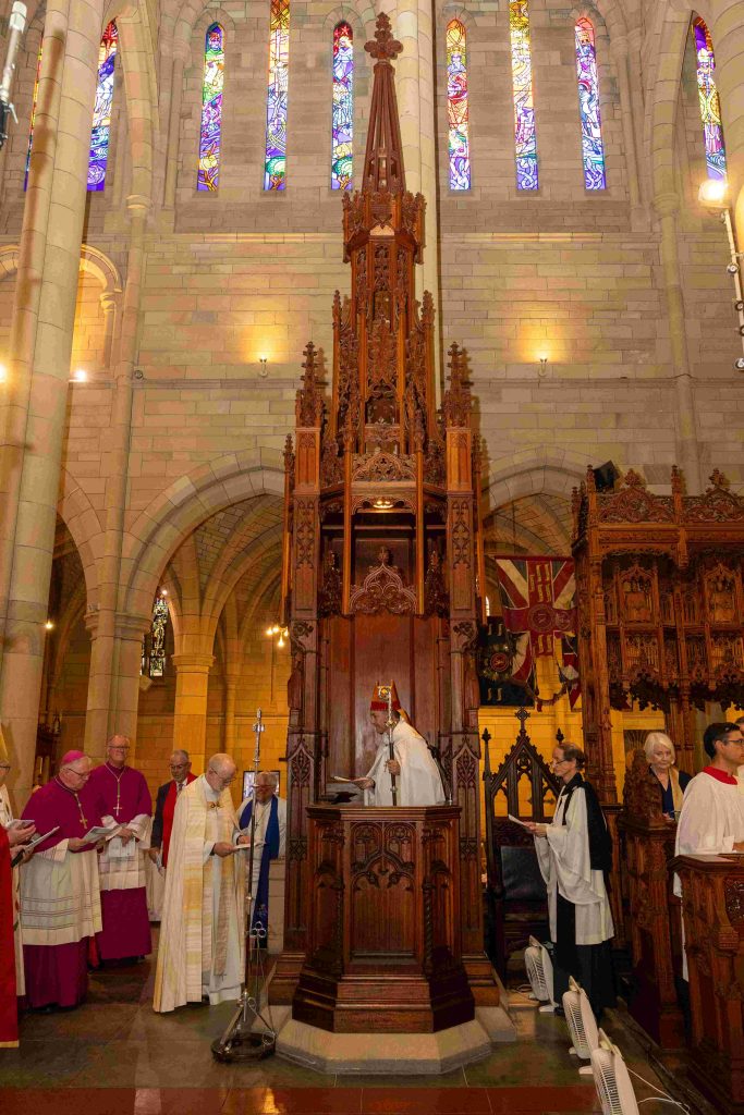 The new Archbishop, The Most Rev’d Jeremy Greaves, being installed in the cathedra, or “seat”