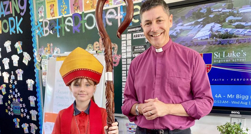 Archbishop-elect Jeremy Greaves with St Luke’s School Year 4 student Autumn in Bundaberg on Wednesday 16 August 2023