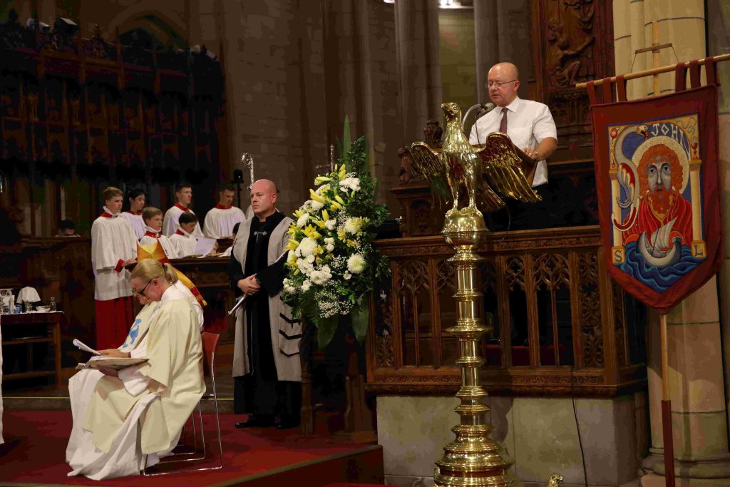 Archbishop Jeremy Greaves' cousin, Andrew Baddeley, giving a reading at the Installation service 