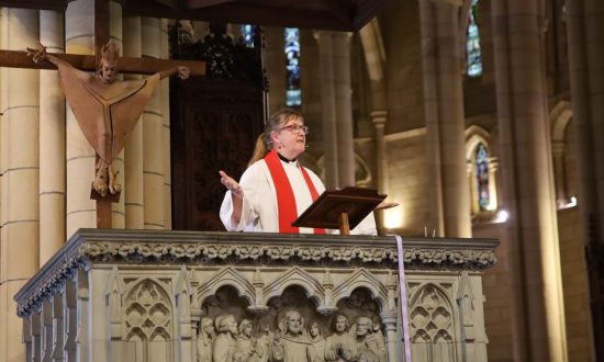The Ven. Dr Lucy Morris preaching from the Cathedral pulpit
