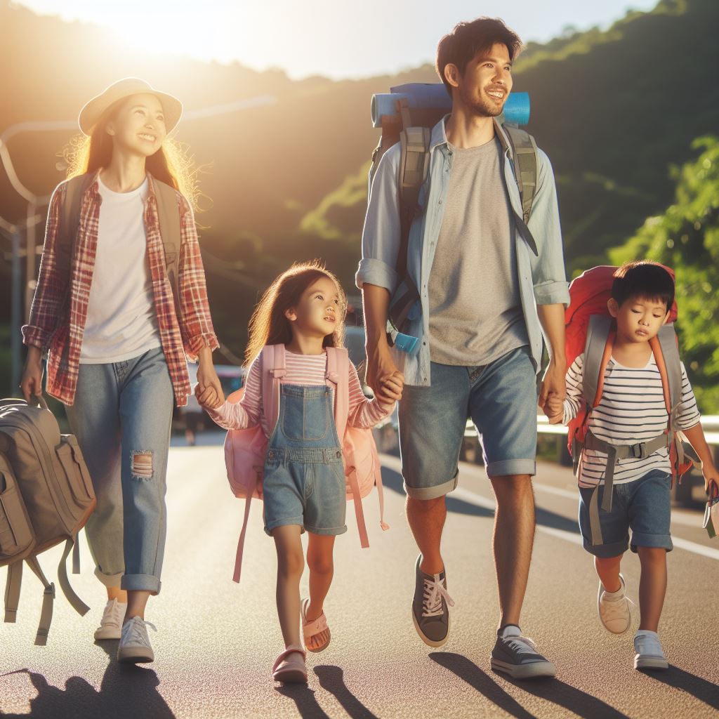 AI-generated image of a family toting back-packs walking along a road 