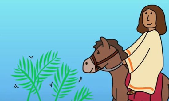 Illustration of Jesus on a donkey with palm fronds