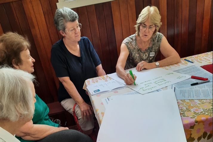 Four women sitting around a table with butchers paper brainstorming 
