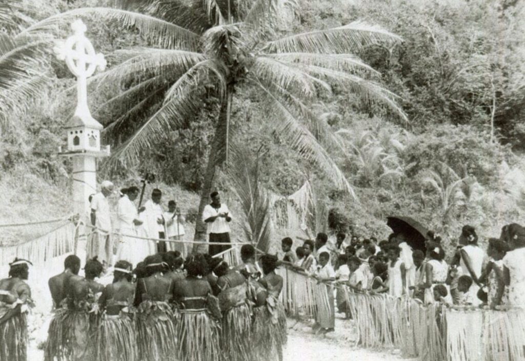 Torres Strait Islander peoples gathered outside a church in the 1960s
