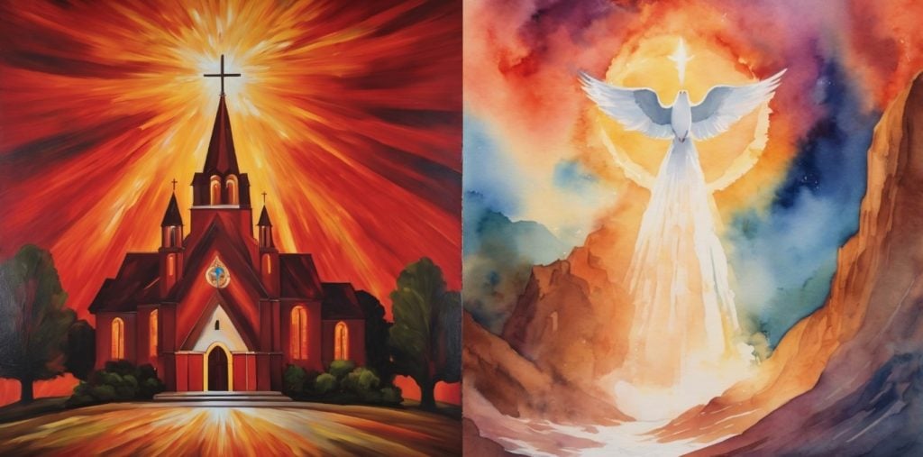 Two Pentecost-inspired artworks created through AI -- one is a church and one is a dove 