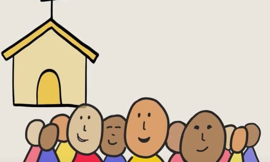 Cartoon people in front of a church building