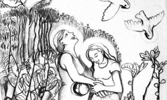 Drawing of Elizabeth and Mary hugging each other with cockatoos flying above