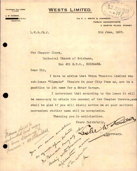 Diocesan Registry correspondence from 1923 regarding the motor garage 