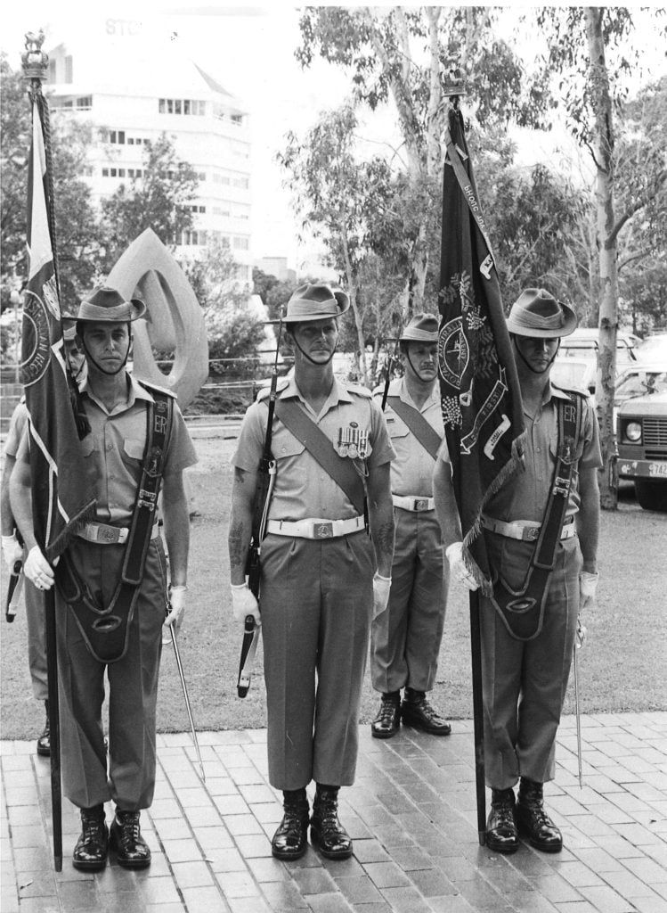 Defence Force Colour Party about to enter St John's Cathedral 1987