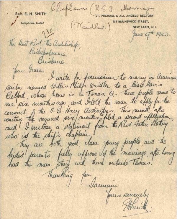 Extract from Archbishop William Wand papers regarding the marriage between an American sailor and an Australian woman, 9 June 1943