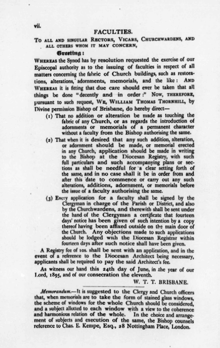 Extract from Diocesan Yearbook 1894-95 regarding Faculties