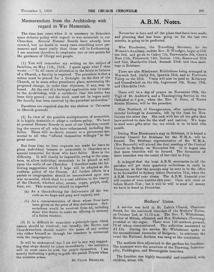 The Church Chronicle, November 1918 Memorandum from Archbishop Donaldson regarding War Memorials