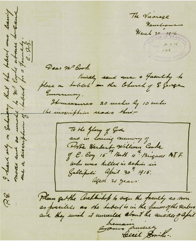 Extract from Diocesan Registry Correspondence Letters 1318 of 1916 regarding Private Cooke