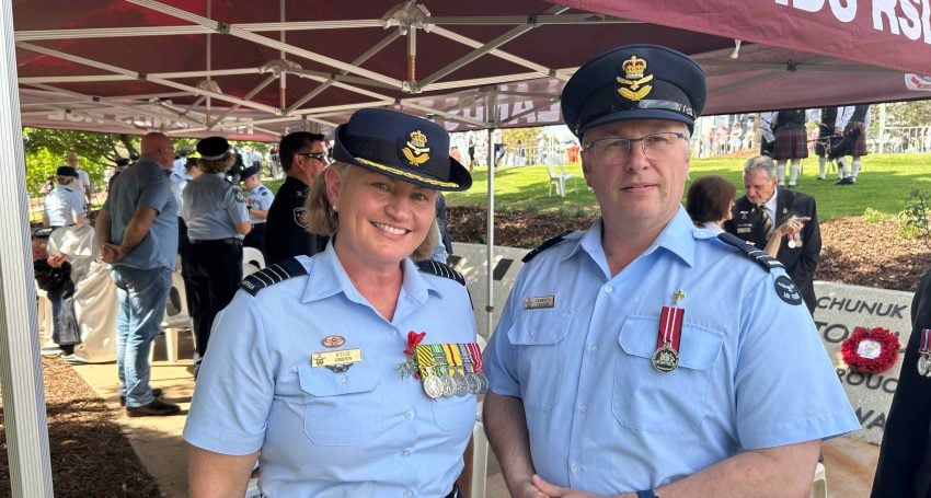 The Rev'd Cameron Freese (R) with Group Captain Kylie Green, Former Officer Commanding 95 Wing, (L)
