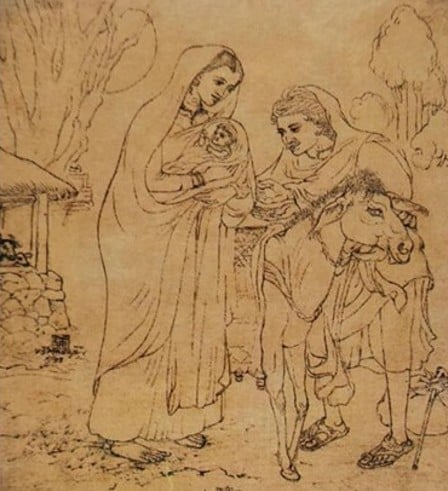 Drawing of Mary, Joseph and Jesus fleeing to Egypt