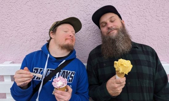 Two men eating ice cream