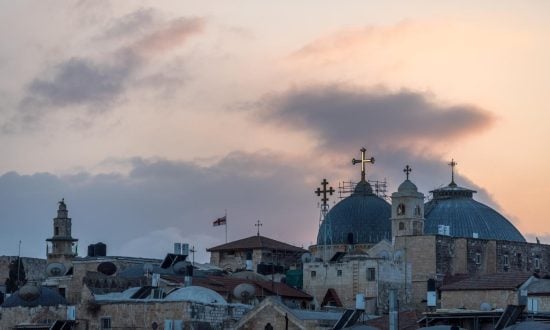 Sunset over buildings in the Jerusalem old city and east Jerusalem