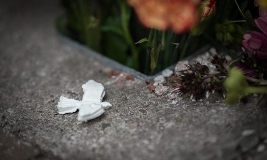A dove trinket resting on concrete