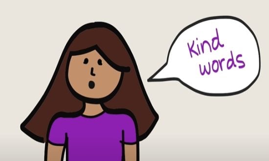 A cartoon woman with a comic speech bubble saying "Kind words"