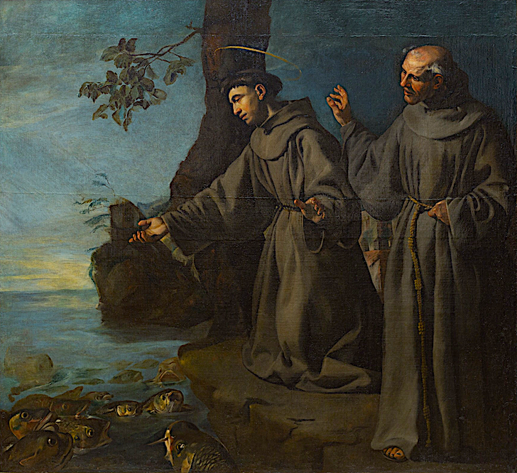 A painting of Anthony preaching to fish in the sea
