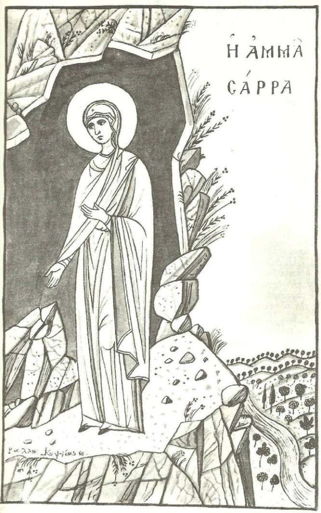 An artwork depicting a nun standing on a rocky hill outside a cave opening