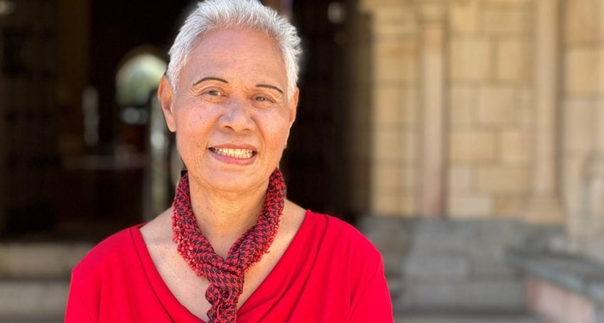 Tongan woman priest outside a Cathedral