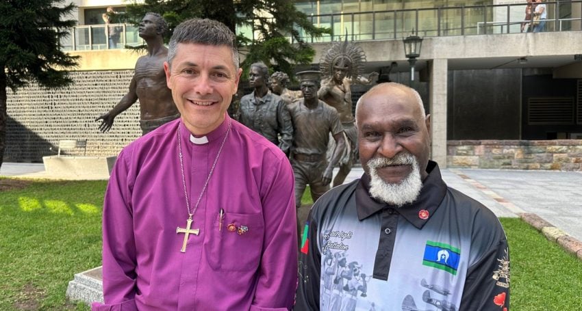 An Archbishop and a Torres Strait Islander Elder at a First Nations defence force memorial
