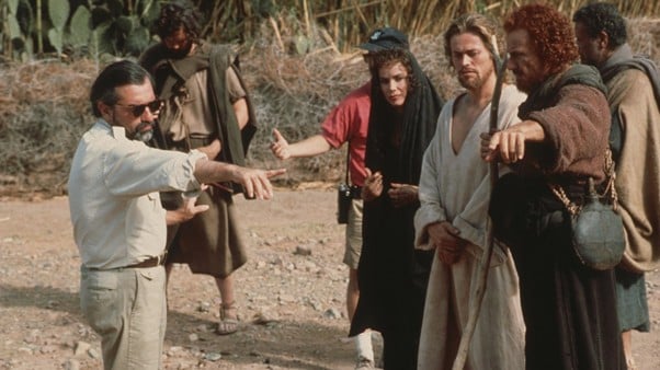 Director directing actors on a Palestinian set in the 1980s