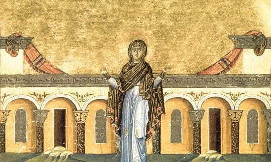 A classic piece of art depicting a woman standing in front of some columns and a wall